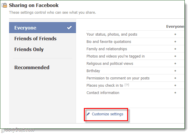 En Compartir en Facebook, haga clic en Personalizar configuración
