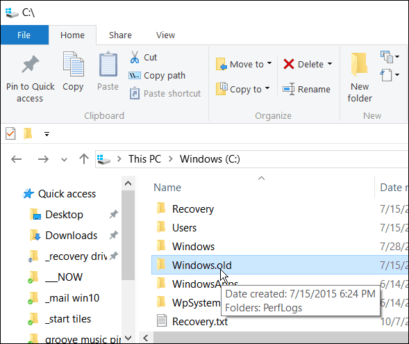 No elimine Windows.old si desea revertir de Windows 10 a una versión anterior en los primeros 30 días