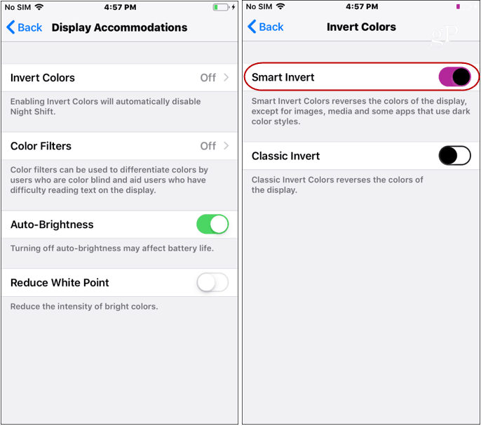 La configuración del modo oscuro de iOS invierte los colores