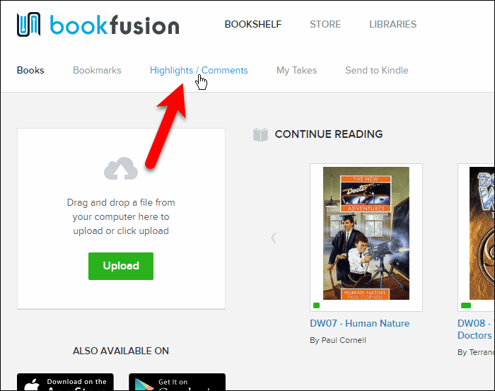 Haga clic en Destacados / Comentarios en la interfaz web de BookFusion