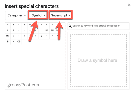 superíndice de símbolo de Google Docs