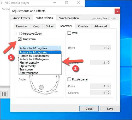 Configuración de rotaciones preestablecidas en VLC en Windows