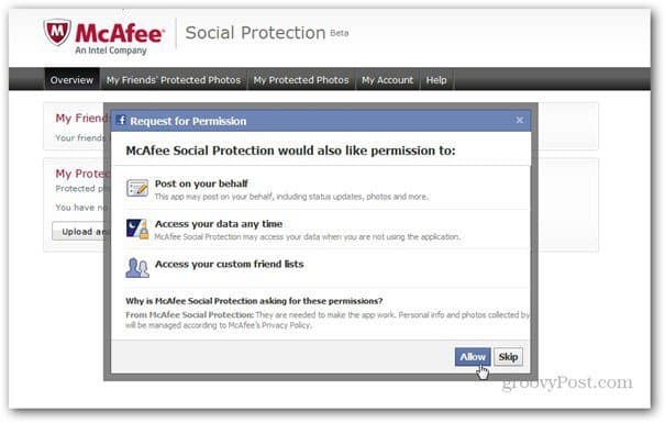 mcaffee permisos de protección social facebook
