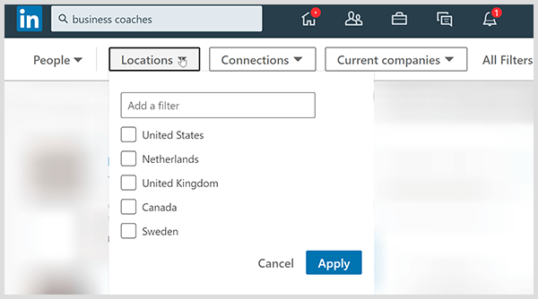 La página de resultados de búsqueda de LinkedIn tiene filtros para conexiones de ubicación y empresa.