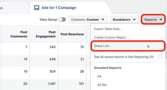 compartir informe personalizado de anuncios de Facebook