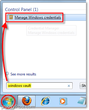 acceder a Windows Vault desde el menú de inicio de búsqueda en Windows 7