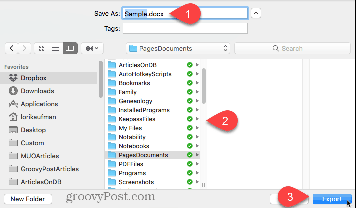 Seleccione la ubicación para el archivo exportado y haga clic en Exportar en Pages para Mac