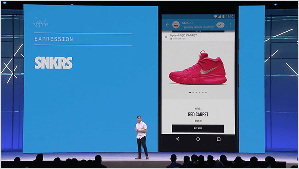 Molly Pittman dice que la conferencia de desarrolladores de Facebook F8 muestra los usos futuros de los chatbots. La conferencia presentó una función de compra de zapatillas con realidad aumentada en Messenger.