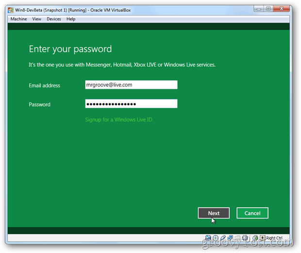 VirtualBox Windows 8 link live id