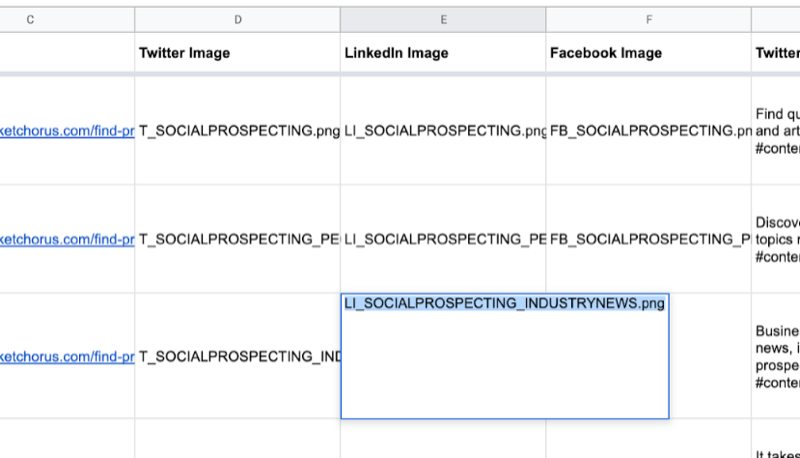 ejemplo de hoja de Google con datos parciales completados para twitter, linkedin, nombres de imágenes de Facebook como se acaba de crear en canva