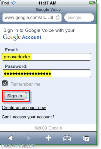 encuentre el sitio de la aplicación móvil de Google Voice y luego ingrese sus credenciales