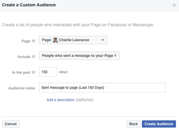 Seleccione la opción para crear una audiencia de personas que han enviado un mensaje a su página de Facebook.