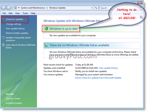 Menú de actualización de Windows para Windows Vista
