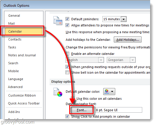 Cómo cambiar la fuente de Outlook 2010 Calendar Date Navigator