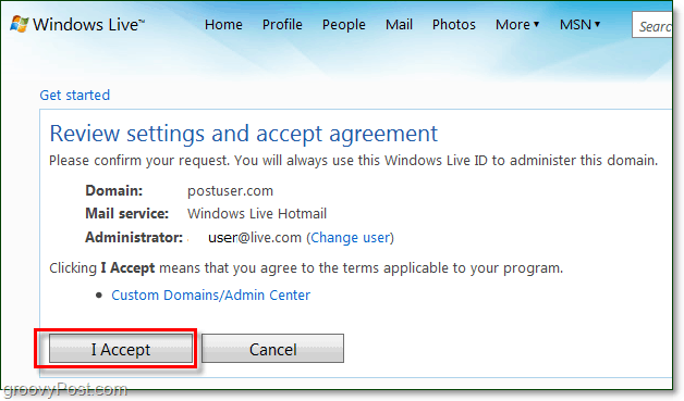 revise y acepte el acuerdo de términos de correo electrónico del dominio de Windows Live