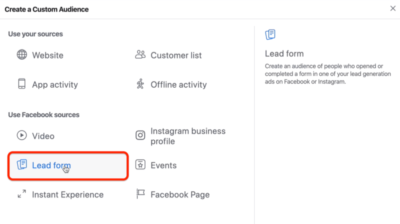 Opción de formulario de cliente potencial para la audiencia personalizada de Facebook