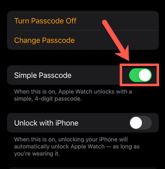 código de acceso simple de Apple Watch