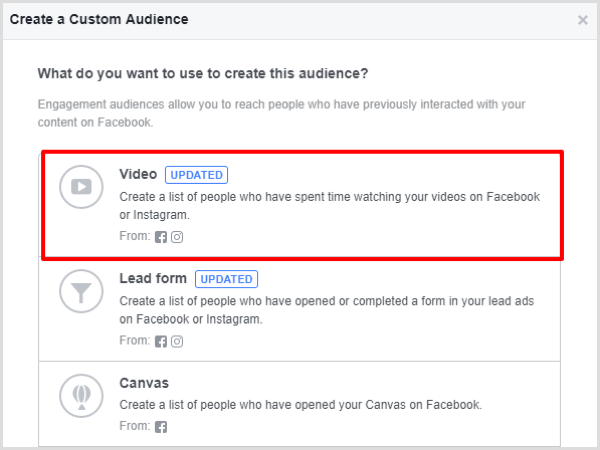 Seleccione la opción de participación de video para su audiencia personalizada de Facebook.