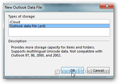 cómo crear un archivo pst para Outlook 2013 - haga clic en el archivo de datos de Outlook