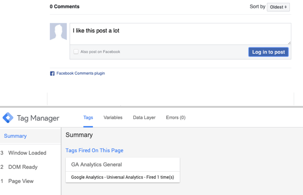 Use Google Tag Manager con Facebook, paso 23, vista previa del comentario con selección de resumen para la etiqueta de Facebook activada