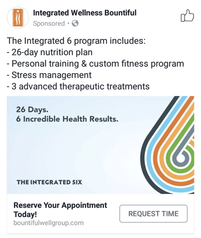 Técnicas publicitarias de Facebook que ofrecen resultados, por ejemplo, Integrated Wellness Bountiful ofrece horarios de citas.
