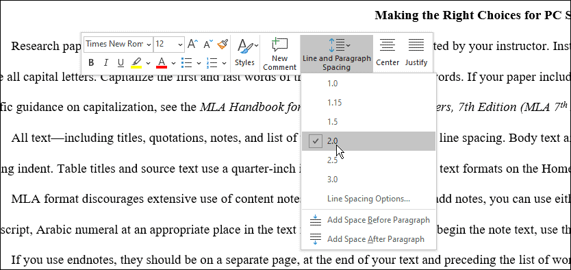 espaciado usar formato mla en Microsoft Word