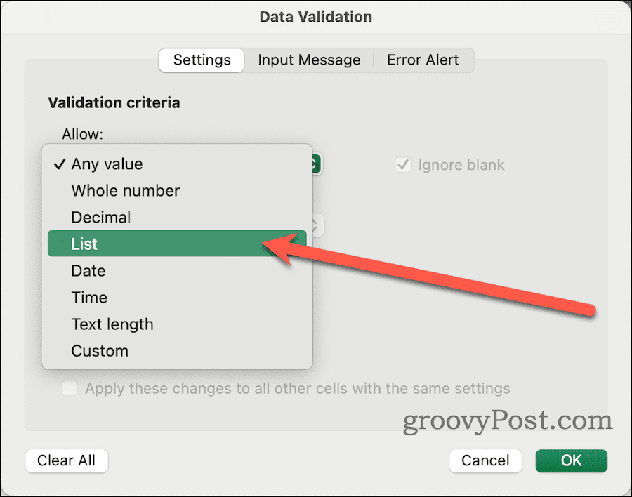Elija Lista en el cuadro de diálogo de validación de datos en Excel