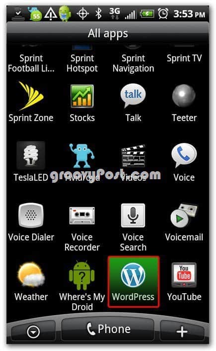 Wordpress en el icono de Android en la pantalla de inicio - dock