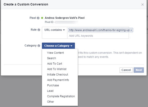 categoría de conversiones personalizadas de facebook