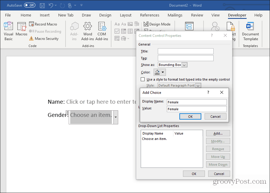 Edición de una lista desplegable en Word