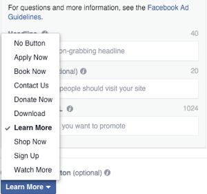 Selección de botón de llamada a la acción de imagen de anuncio de carrusel de Facebook