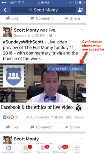 notificaciones móviles de facebook live