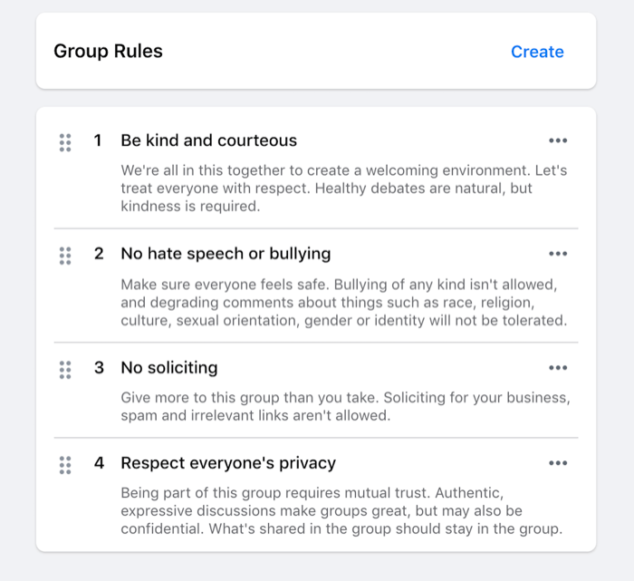 ejemplo de reglas establecidas para un grupo de Facebook, como ser amable, no incitar al odio, no solicitar, etc.