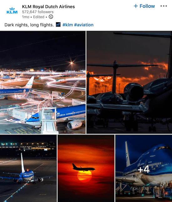 Publicación de la página de LinkedIn de KLM para varias fotos