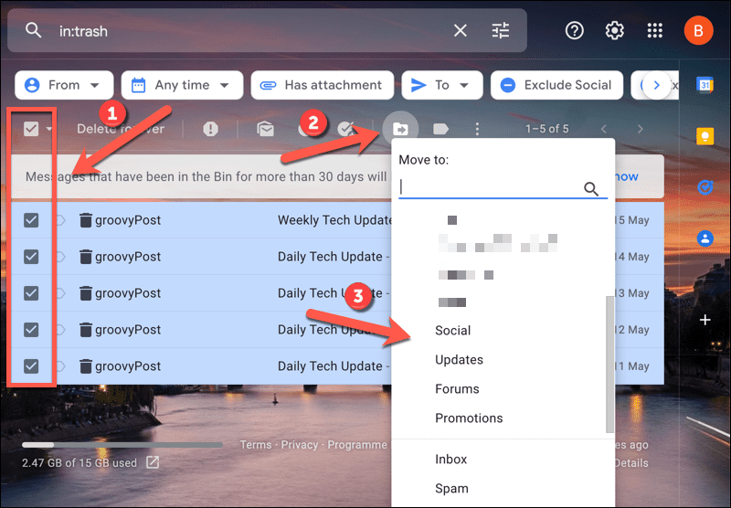 Mover correos electrónicos fuera de la papelera de Gmail