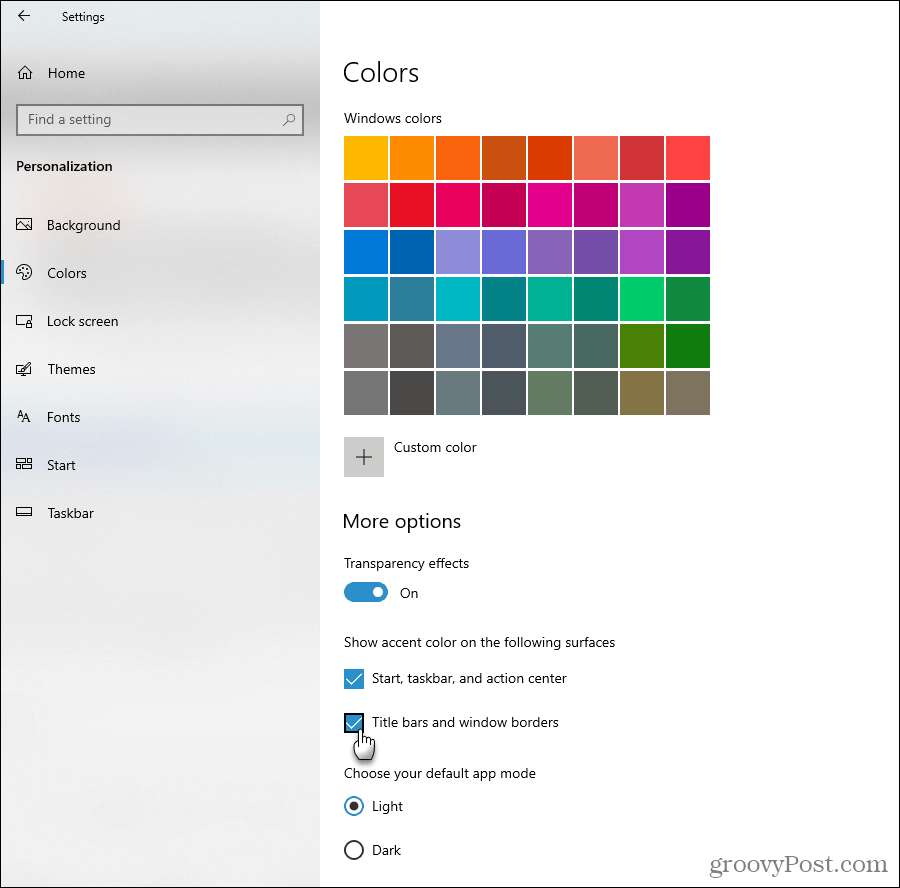 Mostrar opciones de color de acento en Windows 10