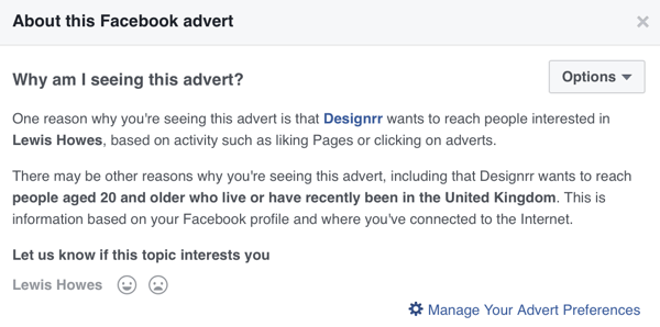 Facebook mostrará información de orientación detallada para un anuncio de Facebook.