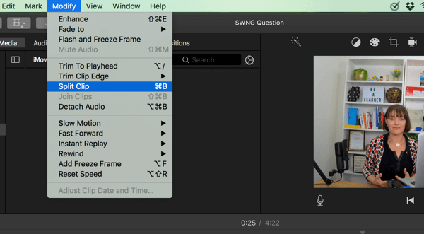 En iMovie, divida su video en segmentos seleccionando Modificar> Dividir clip.