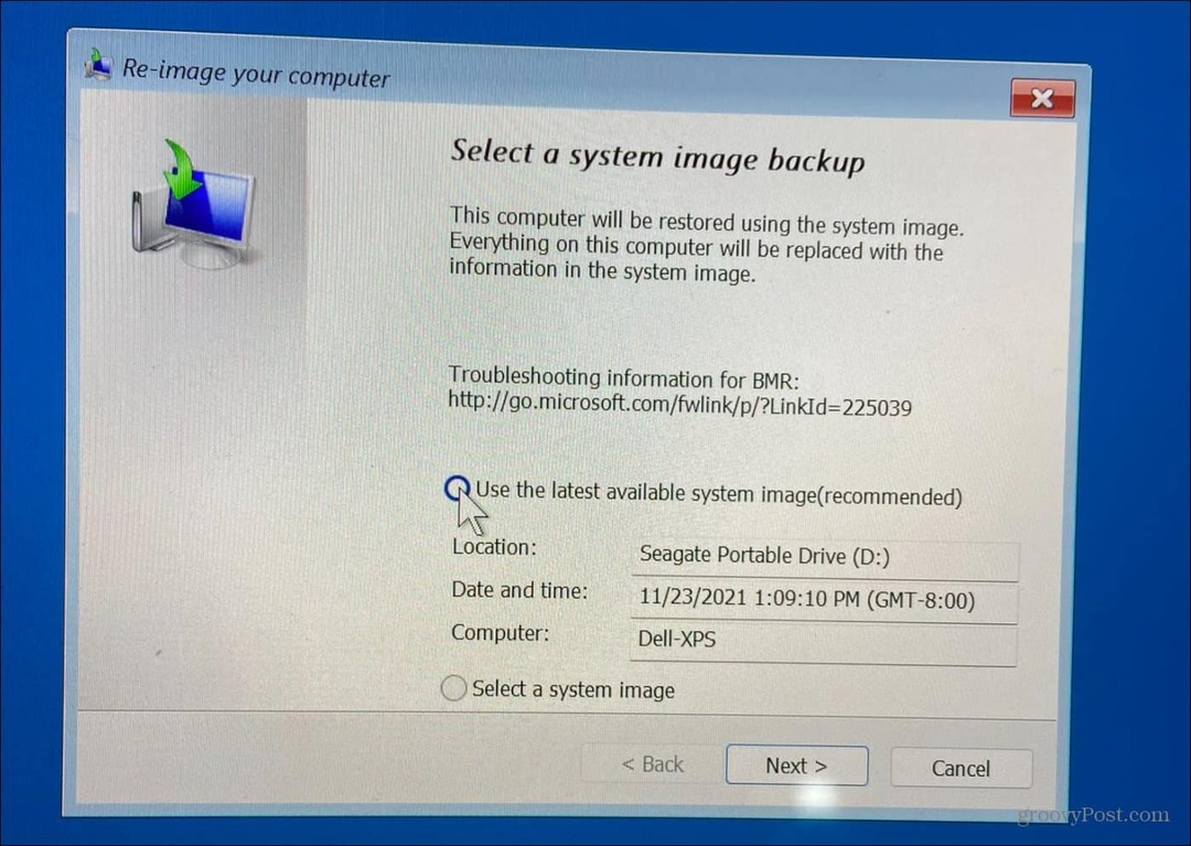 Seleccione Copia de seguridad de imagen del sistema