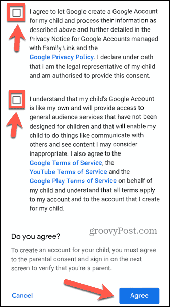 casillas de verificación de la cuenta infantil de Gmail