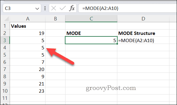 Resultado de la fórmula MODO en Excel