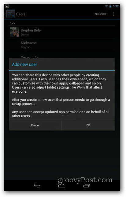 Advertencia de cuentas de usuario de Nexus 7
