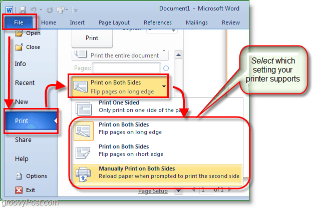 La captura de pantalla de Micosoft Word 2010 ajusta la configuración de impresión para imprimir en ambos lados