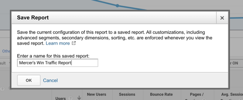 opción de Google Analytics para nombrar un informe personalizado guardado