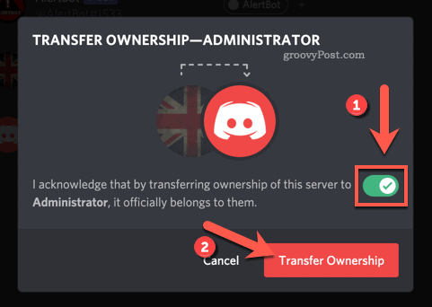 Confirmar la transferencia de propiedad del servidor de Discord