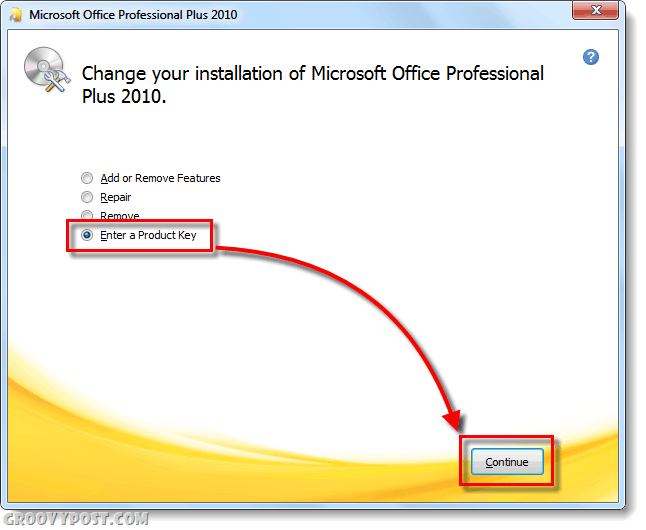 pantalla de cambio de clave de producto de office 2010