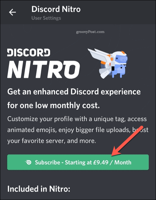 Botón de suscripción de Discord Nitro Mobile
