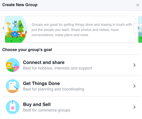 Para crear un grupo de Facebook enfocado en construir una comunidad, seleccione Conectar y compartir.