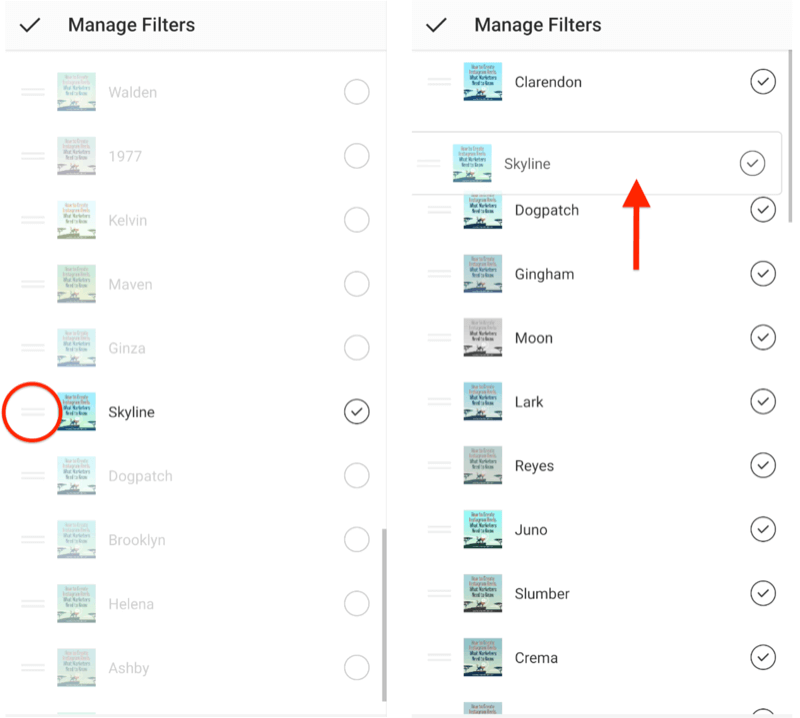 administrar las opciones del menú de filtros de instagram que muestran barras de selección horizontales dobles junto a los filtros que permiten para reordenarlos y mostrar que el filtro de horizonte se arrastra a la parte superior de la selección de filtros lista
