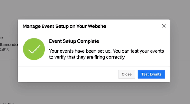 Botón Probar eventos en Facebook Events Manager